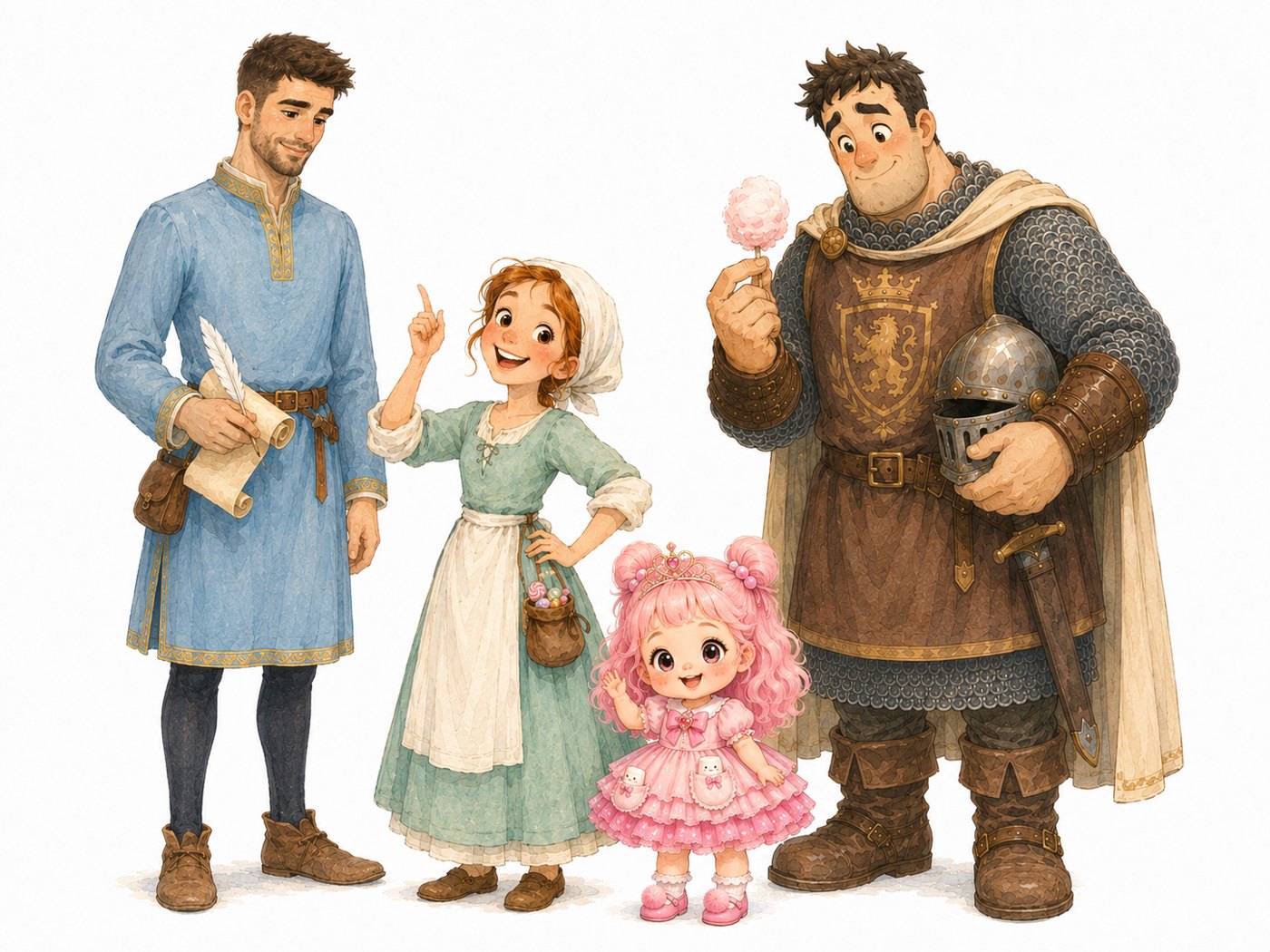 The cast together: Tommy, Oliva, Floria, and Michel, showing how tiny Floria is beside the others