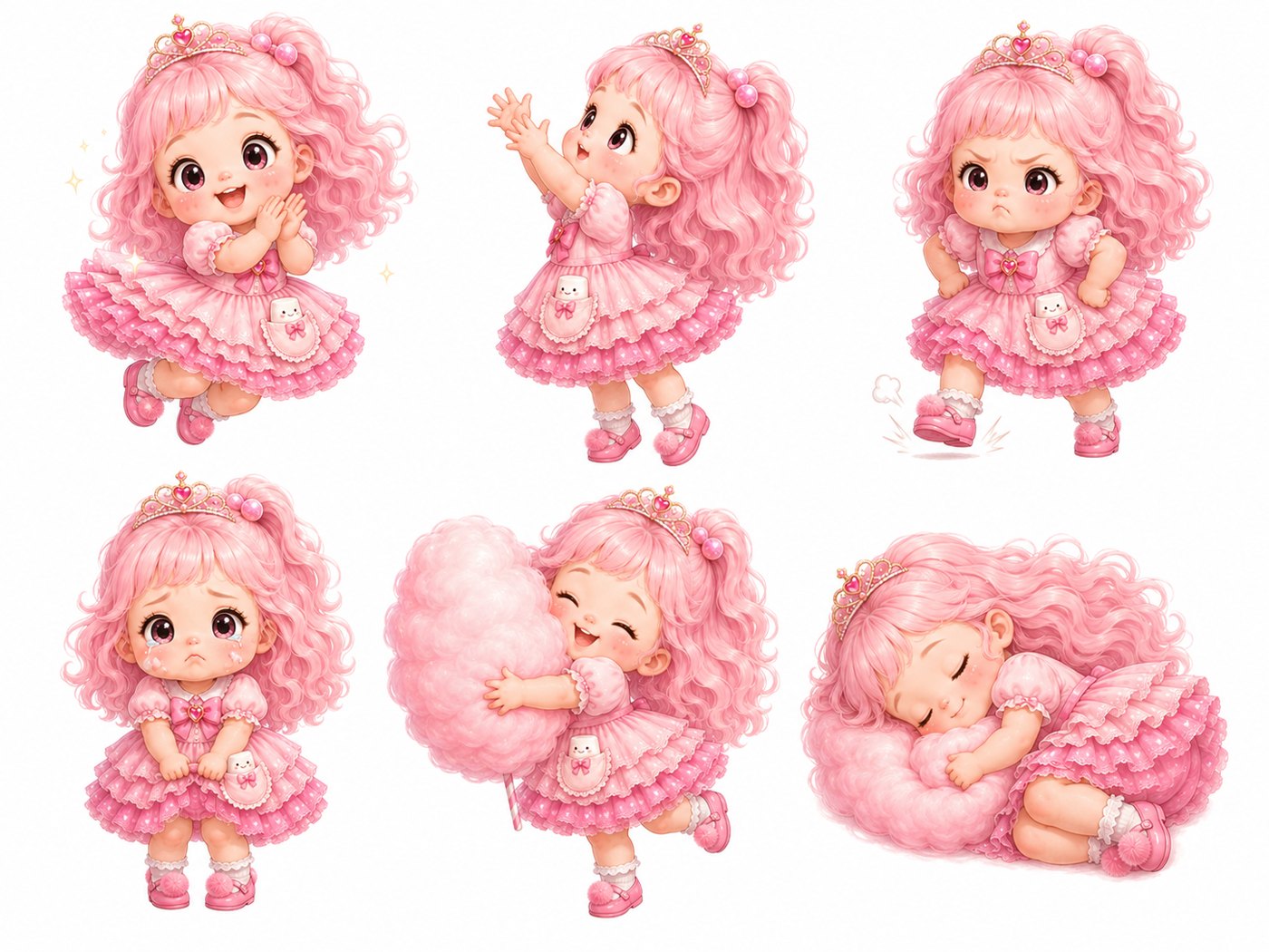 Six poses of Floria: jumping, reaching up, stamping, crying, hugging cotton candy, and sleeping