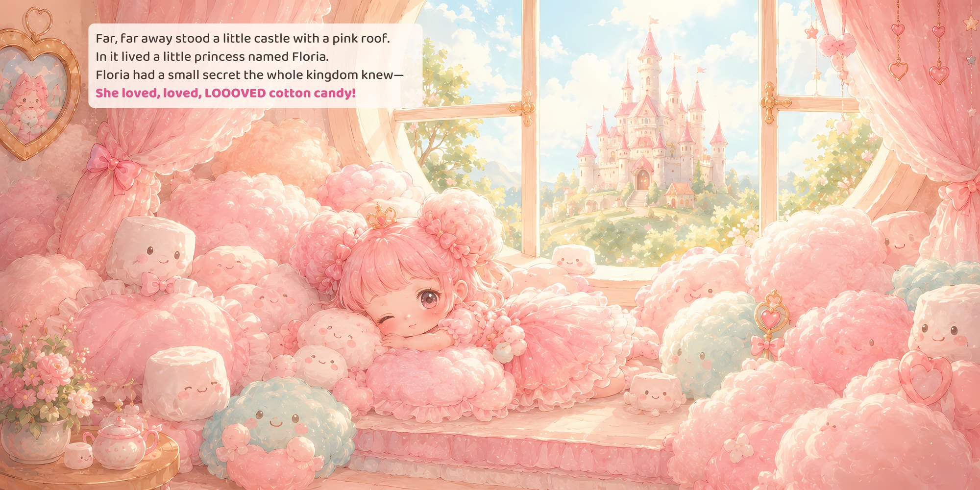 Far, far away stood a little castle with a pink roof. In it lived a little princess named Floria. Floria had a small secret the whole kingdom knew— She loved, loved, LOOOVED cotton candy!