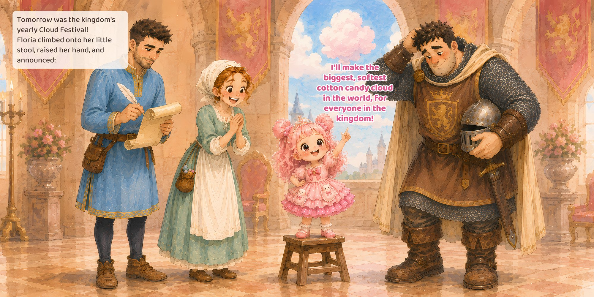 Tomorrow was the kingdom's yearly Cloud Festival! Floria climbed onto her little stool, raised her hand, and announced: I'll make the biggest, softest cotton candy cloud in the world, for everyone in the kingdom!