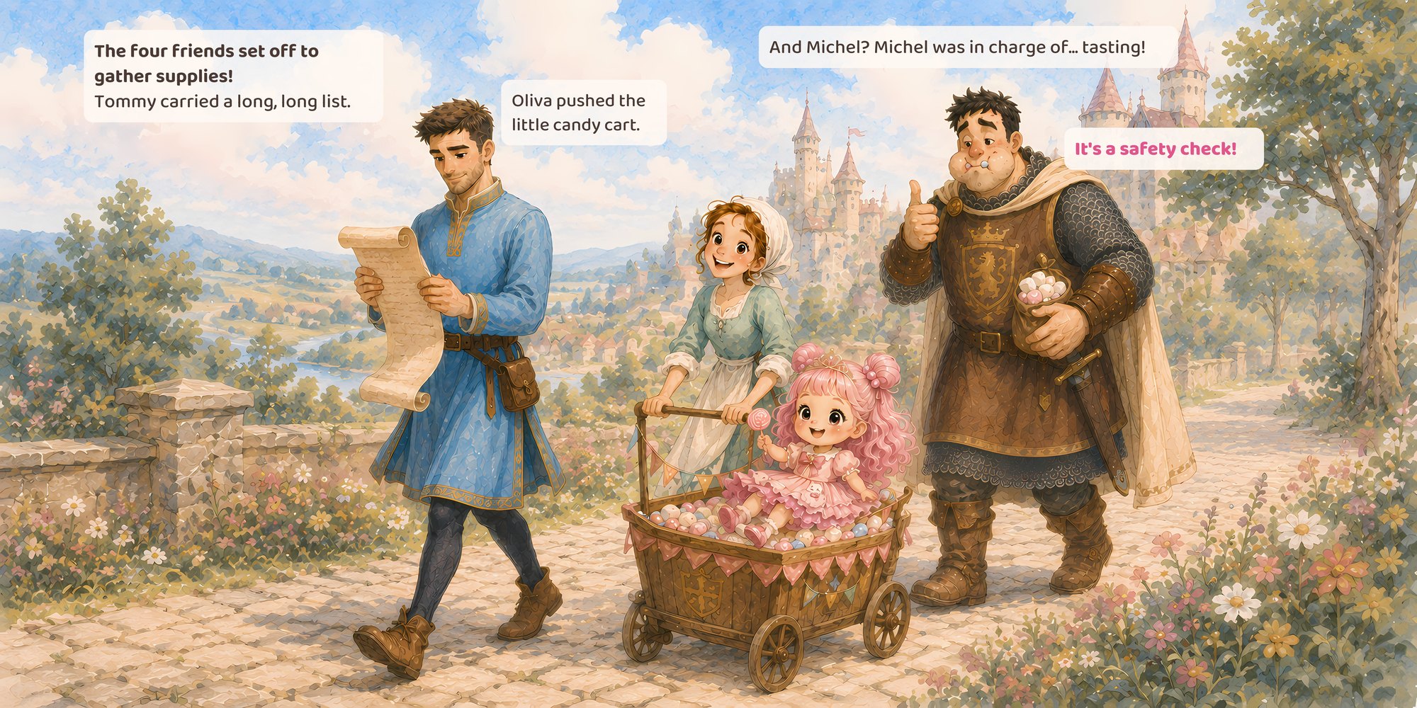 The four friends set off to gather supplies! Tommy carried a long, long list. Oliva pushed the little candy cart. And Michel? Michel was in charge of... tasting! It's a safety check!